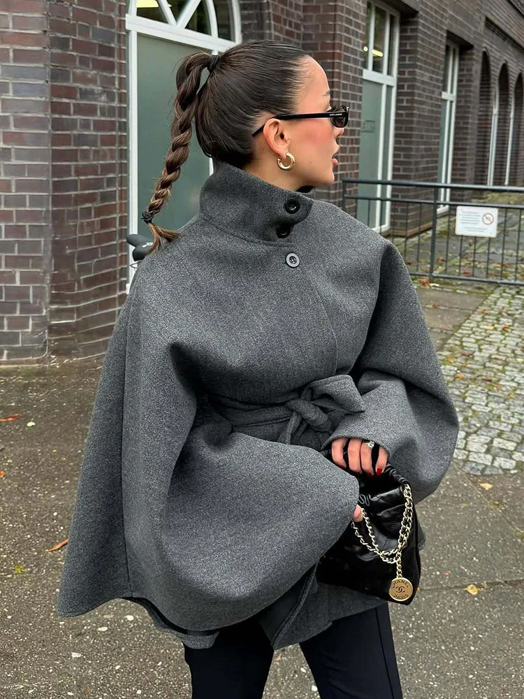 HH Women Spring Autumn High Collar Cape Style Belt Button Decoration Slim Coat Female High Street Casual Fashion Short Jacket