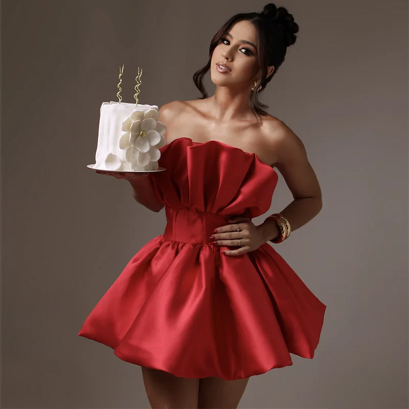 

Sexy Red Short Prom Party Dress 2026 Strapless Pleats Lace Up Graduation Cocktail Birthday Holiday Club Gowns