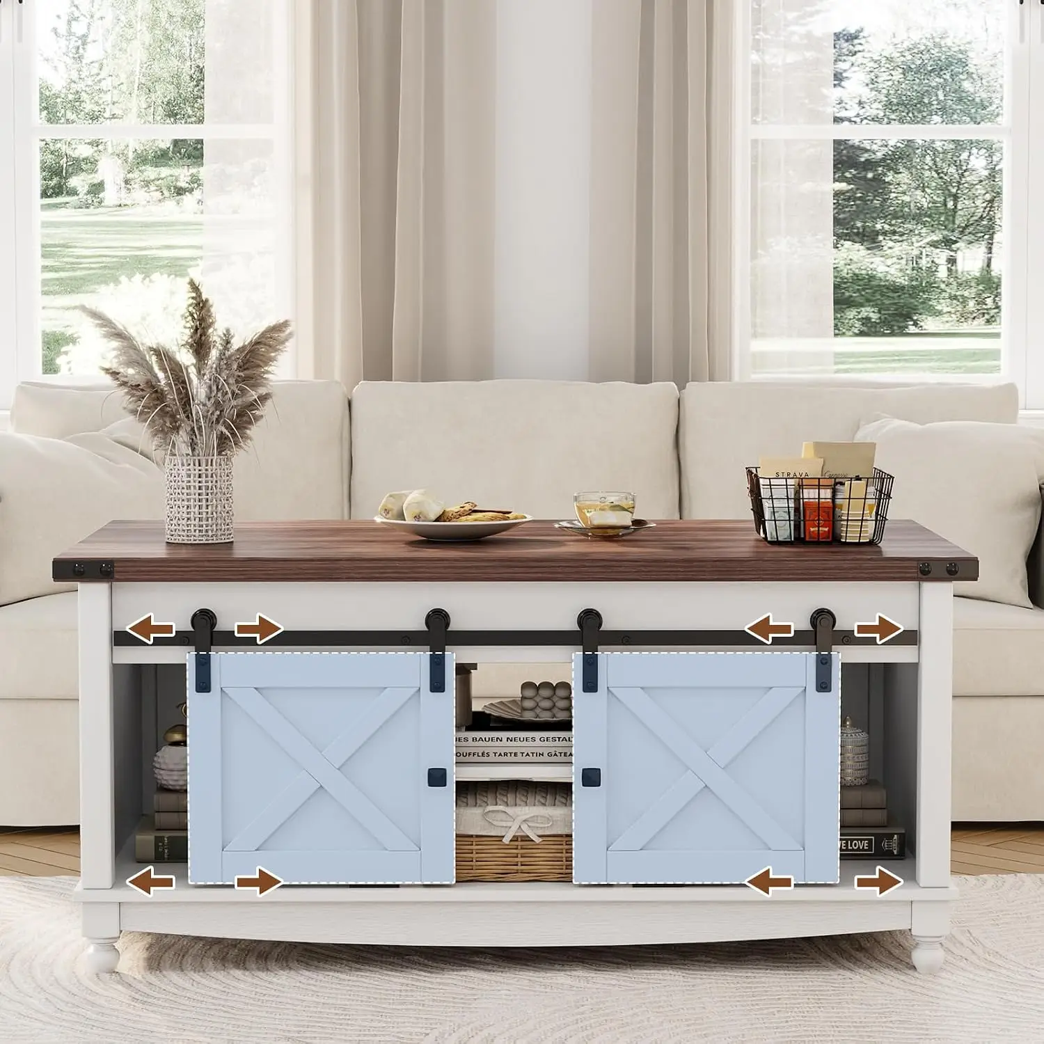 48" Farmhouse Lift Top Coffee Table with Storage Sliding Barn Door & Large Hidden Compartment, Coffee Table with Lifting Top
