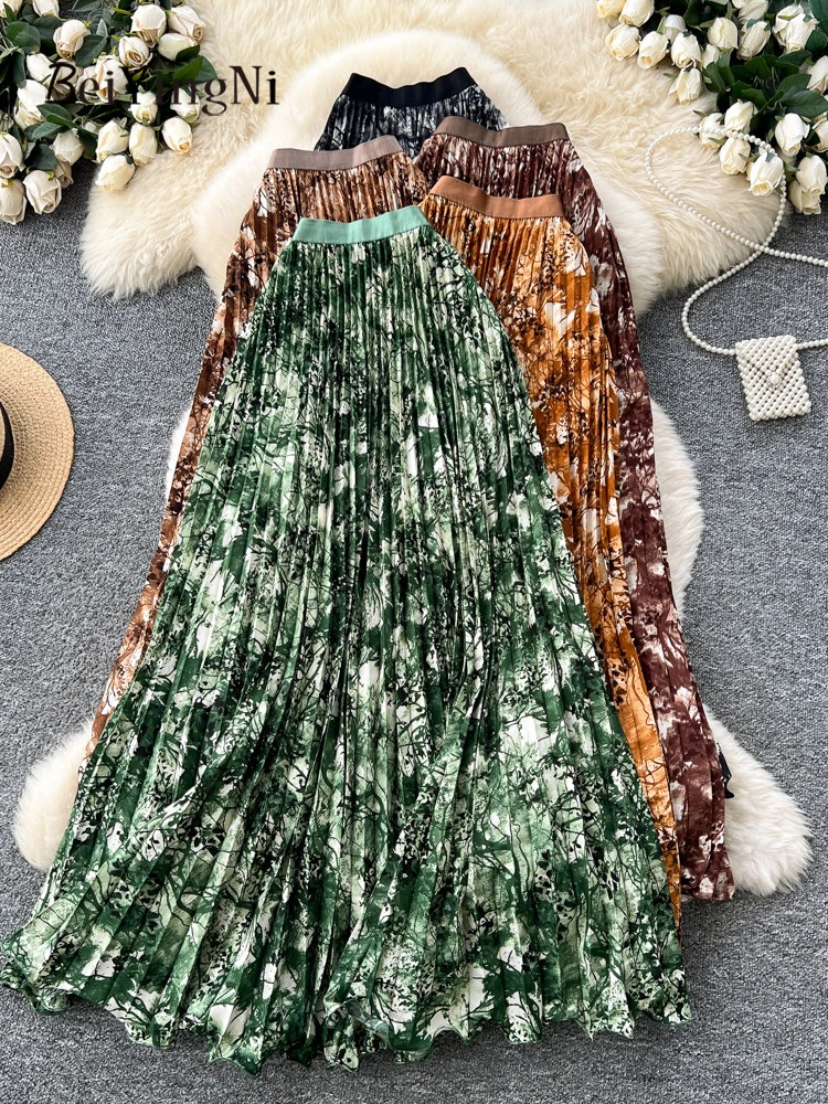 Beiyingni Korean Fashion Long Maxi Pleated Skirts for Women Printed Vintage Casual Commute A-line Skirt Ladies 2026 Slim Faldas