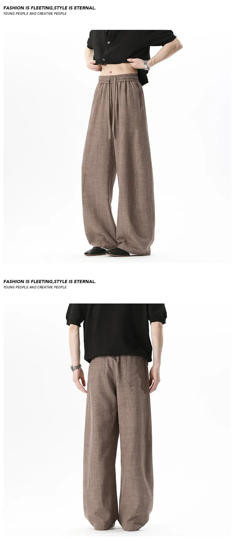 Herrenhose mit Kordelzug, elastischem Bund, weitem Bein, strukturiertem Stoff, locker geschnitten, gerade Hose für den Sommer, lässiges Alltagsoutfit. – Detail 9