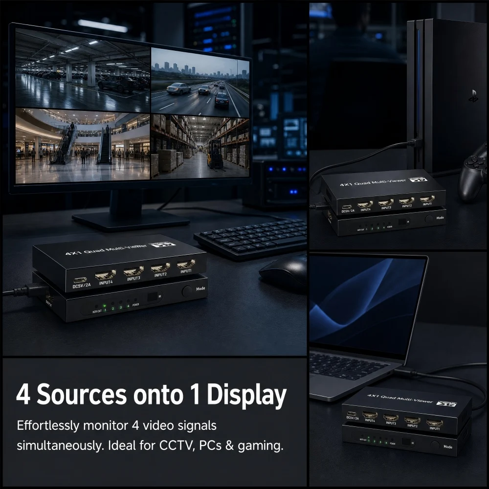 HDMI Multiviewer Switch 4x1, 4 in 1 Out Quad Viewer with IR Remote, 4K@30Hz 1080P@60Hz 12 Display Modes for Security Camera