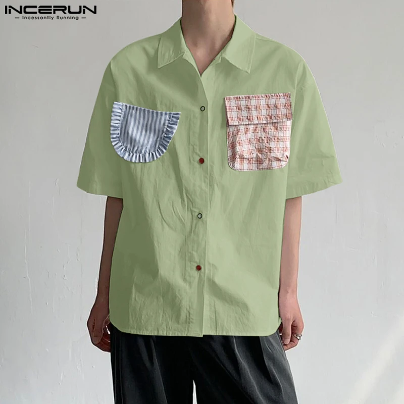 

INCERUN Мужская рубашка с карманами в стиле пэчворк с лацканами и коротким рукавом в корейском стиле, мужская одежда, летние модные повседневные мужские рубашки оверсайз 2025