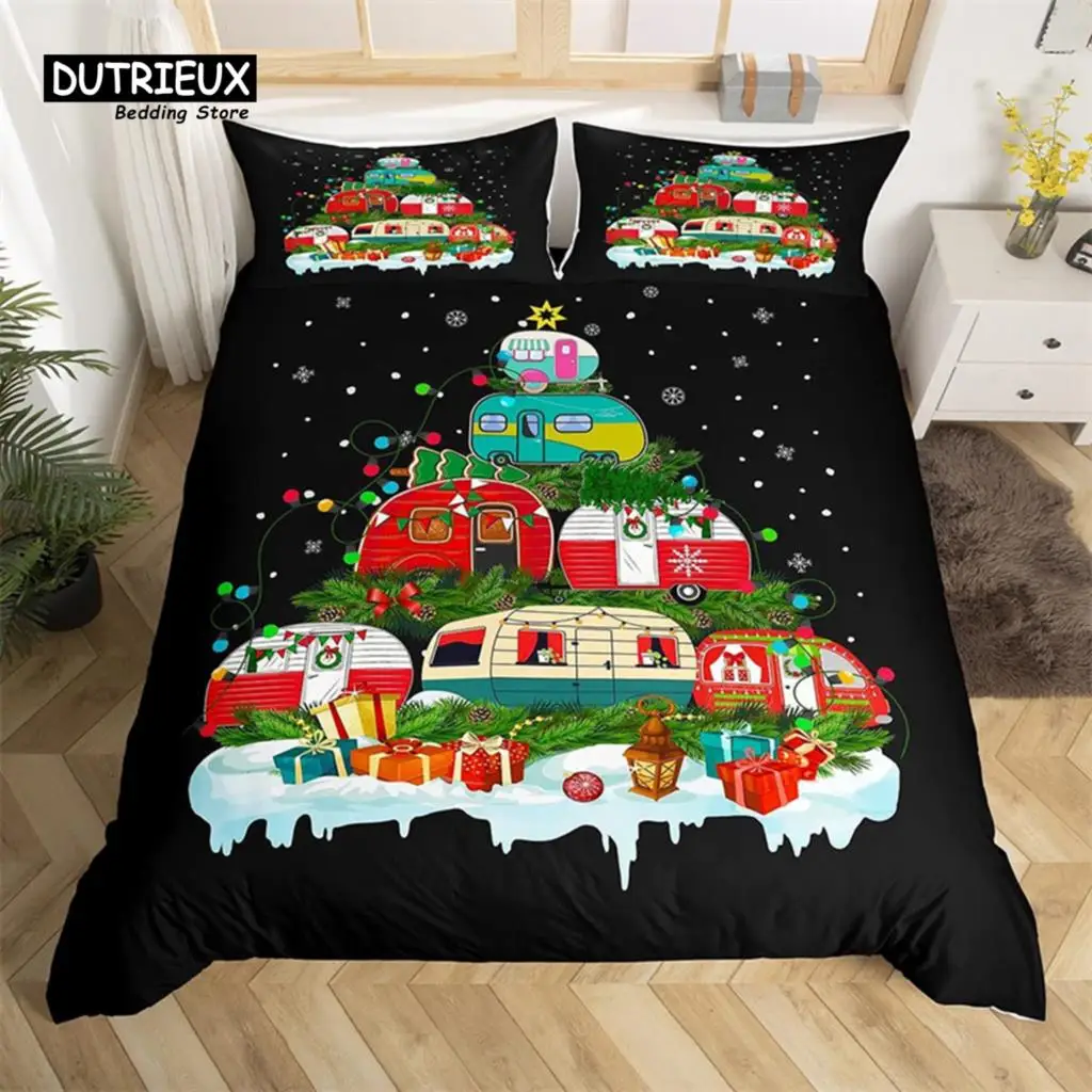 Kids Christmas Bedding Set Queen Happy Camping Car Duvet Cover Microfiber Cartoon Comforter Cover For Boys Girls New Year Gifts