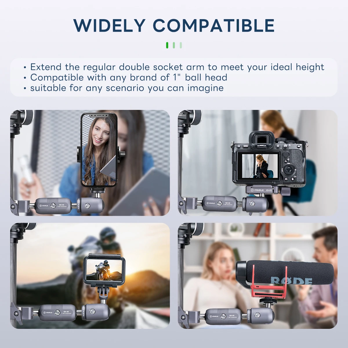 FANAUE Aluminum Alloy Independently Rotatable Single Socket Arm Motorcycle Phone Holder Short Extension Adapter Clip 1 Inch Ball