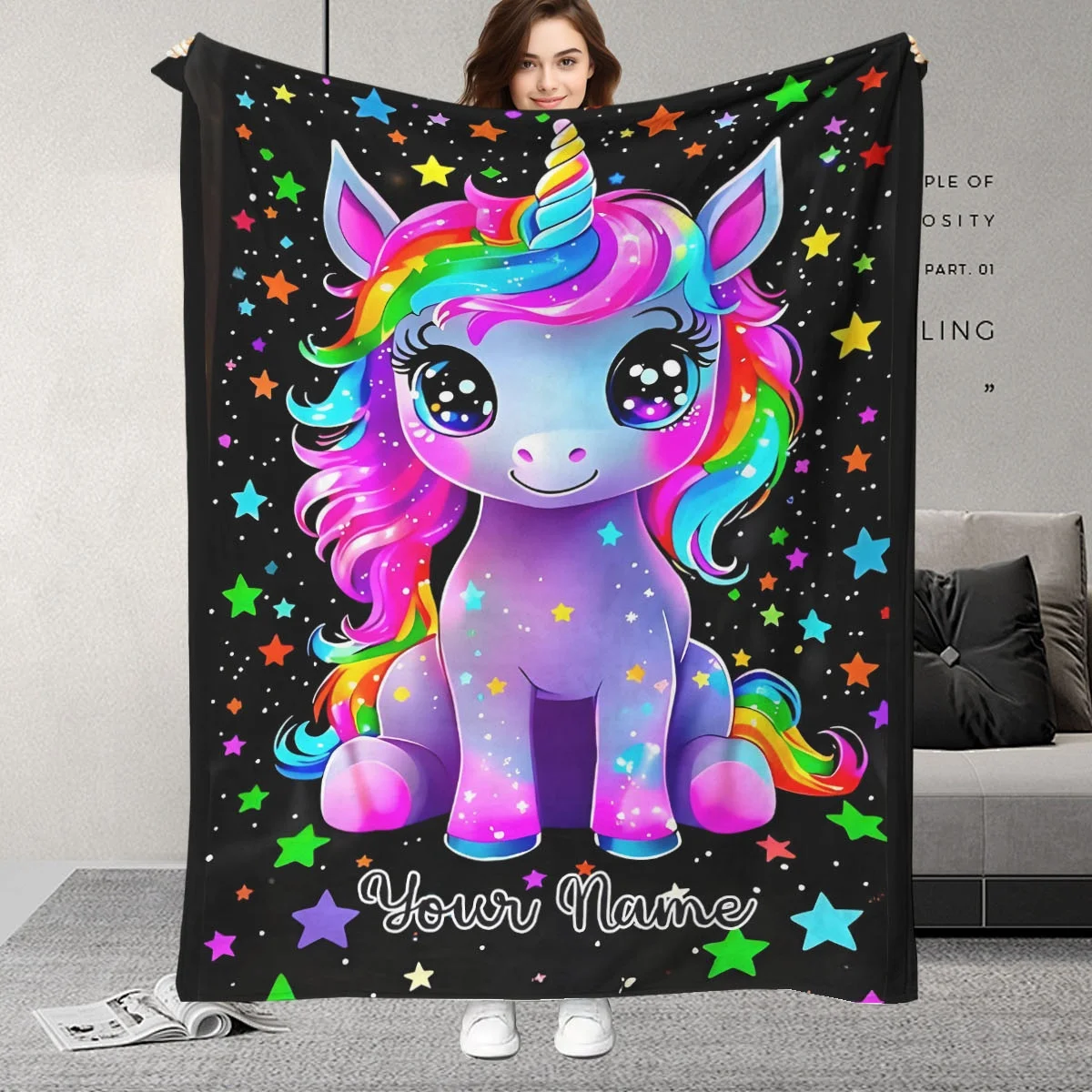 Decke mit individuellem Namen, Regenbogen-Einhorn und Sterne, Fantasy-Themenbild, Geschenk für Weihnachten und besondere Anlässe, Schlafzimmerdekoration