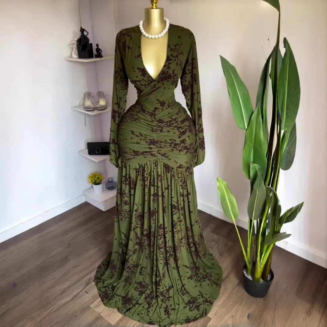 

Элегантное женское платье-рубашка с длинным рукавом, принтом и драпировкой, расклешенное, с высокой эластичностью, 2026