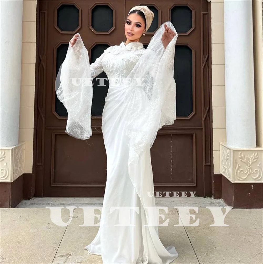 UETEEY Customized Muslim High Neck Lace Long Flare Sleeves Mermaid Wedding Dress Women Pleats Floor Length vestidos de novia