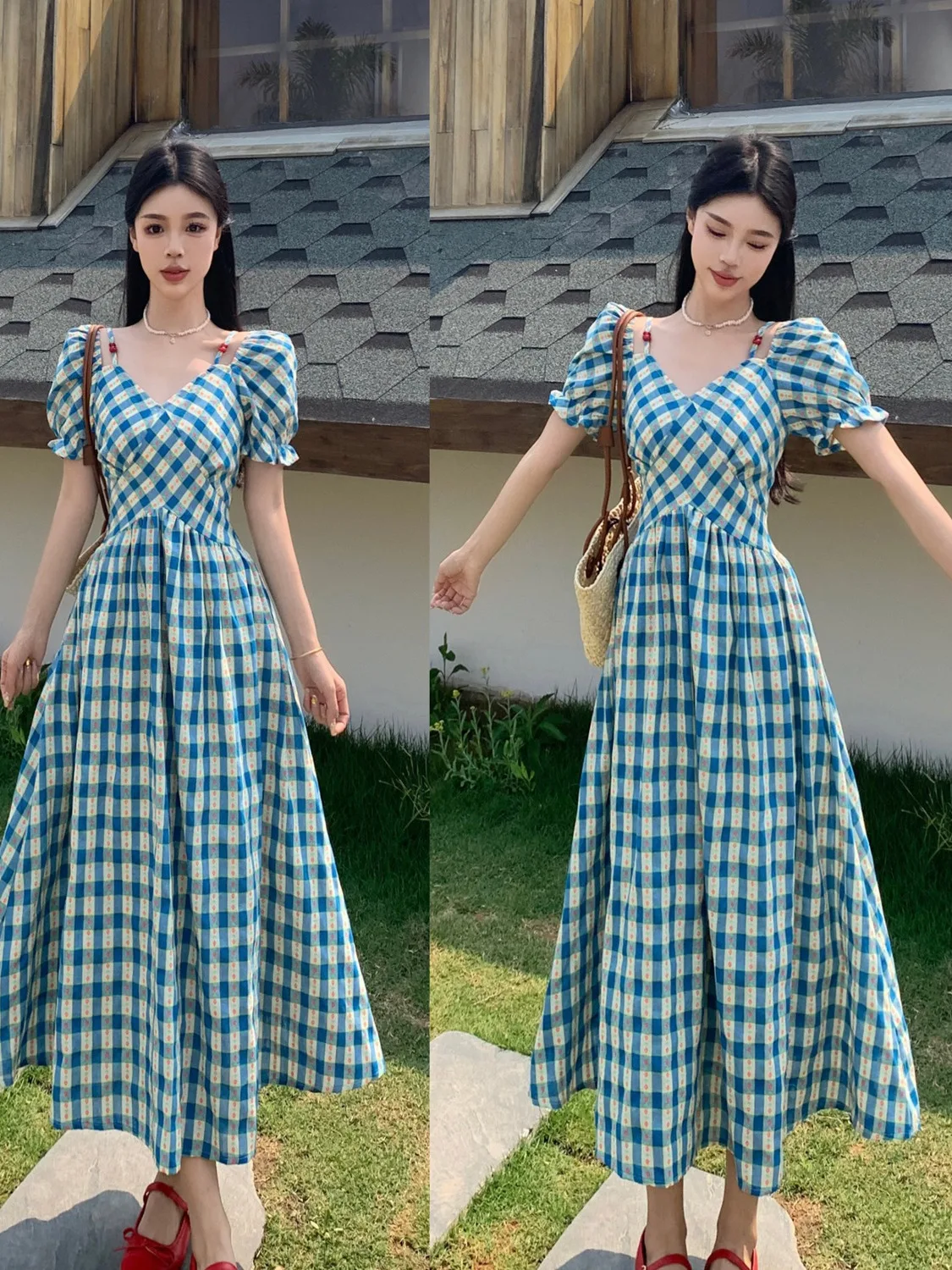 

plus Size Floral Print V-Neck Dress Women's Summer New Waist-Cinching Bubble Sleeve Long Dress Country Style A-Line Skirt