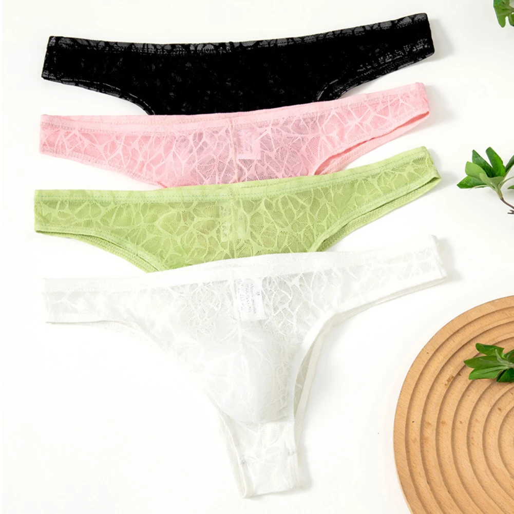 Men Lace Hollow Briefs LowWaist Translucent Half-covered Butt Underwear Lingerie Quick Dry Breathable Pouch Underwear