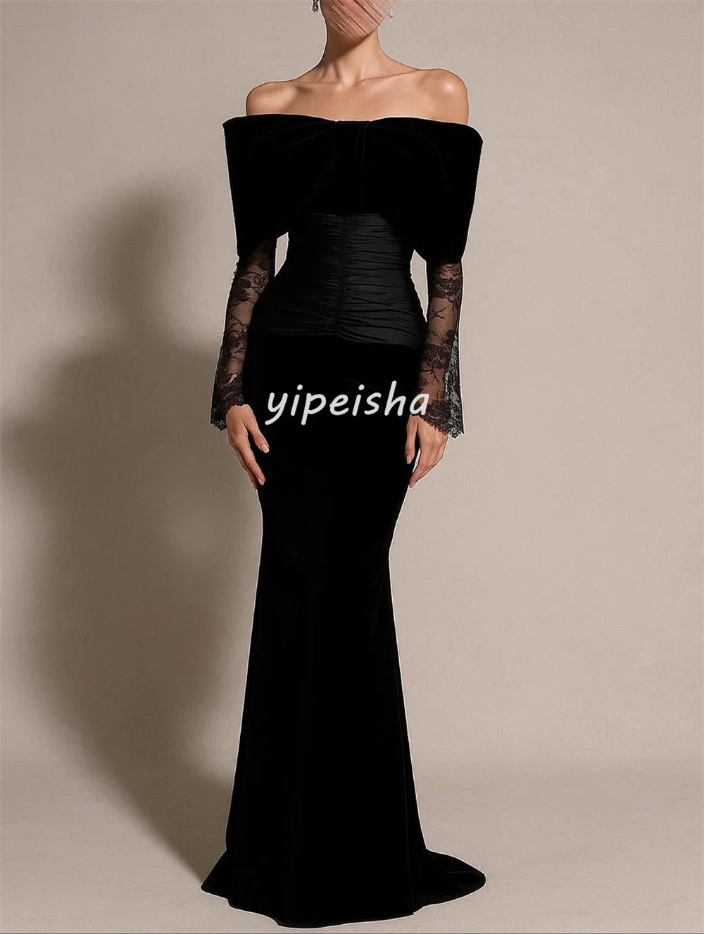 ชุดเดรสยาวแบบเปิดไหล่ทรงเมอร์เมดผ้าเจอร์ซีย์จับจีบแต่งลูกไม้แฟชั่นเซ็กซี่สั่งตัดได้ ชุดเดรสสำหรับโอกาสพิเศษ มีหลายขนาดให้เลือก