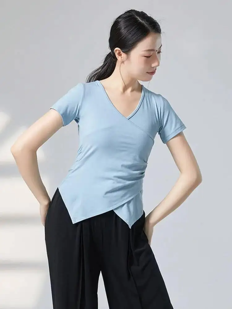 인쇄 된 짧은 소매 스플릿 밑단 슬림 피트 댄스 탑 여성용 현대 현대 재즈 서정적 무대 공연 연습 착용
