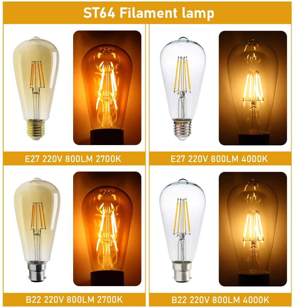 レトロなヴィンテージLEDフィラメント電球,e27 e14 b22ランプ,ac220v,c35,g45,a60,st64,g80,g95,g125