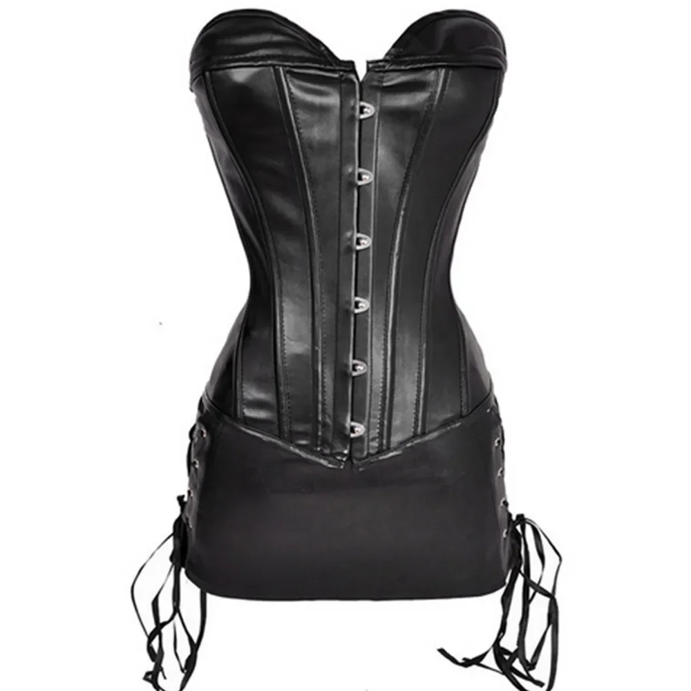 

Steampunk Corset Dress Faux Leather Bustier Top With Mini Skirt Set Women Gothic Punk Corselet