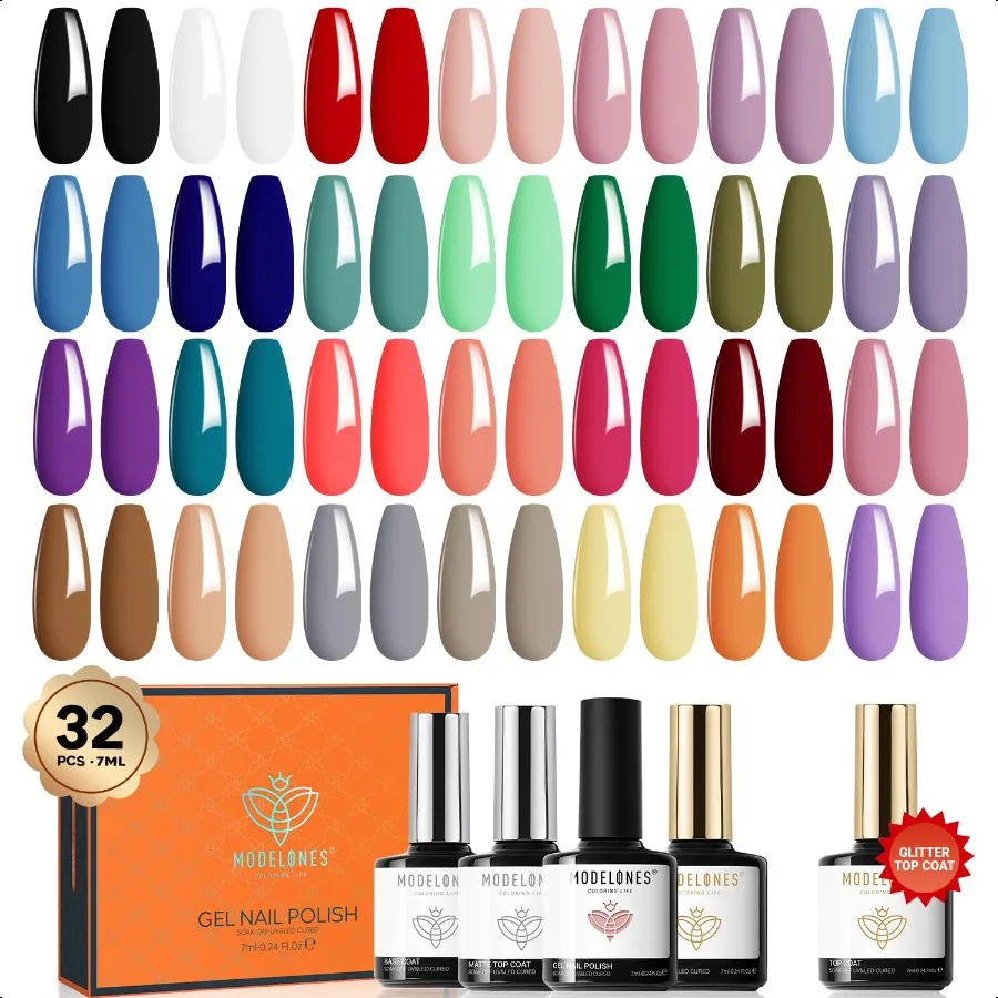 

32 PCS Gel Nail Polish Set 28 Colors Gel Polish with No Wipe Base Coat Glitter Glossy Matte Top Coat Black Brown Red Purple Soa