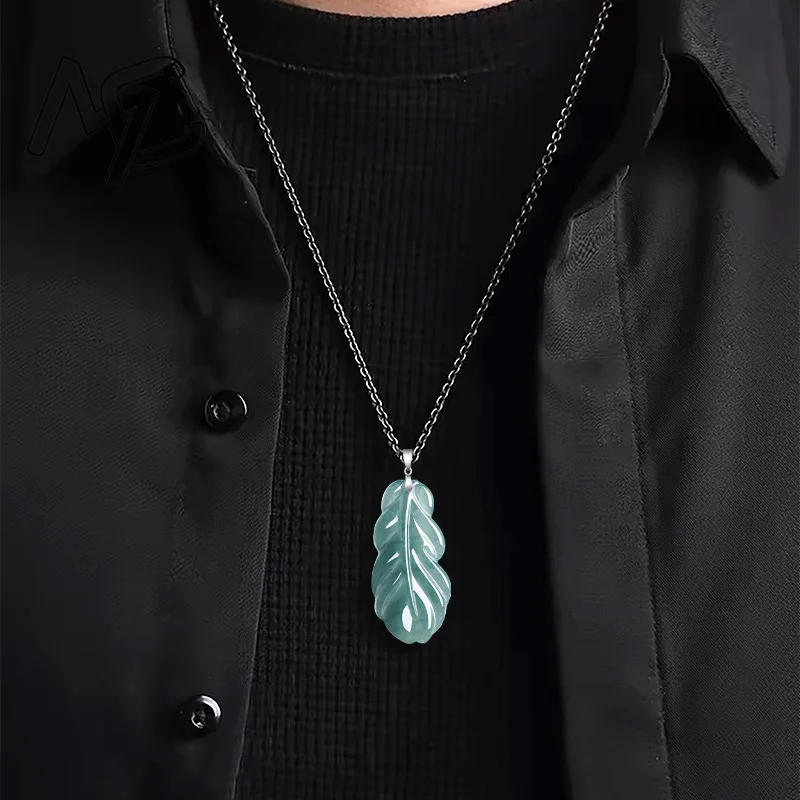 S925 Silver Natural Emerald Jade Blue Water Feather Pendant Necklace Carved Charm Jadeite Jewelry Fashion Gifts Certificate view 4