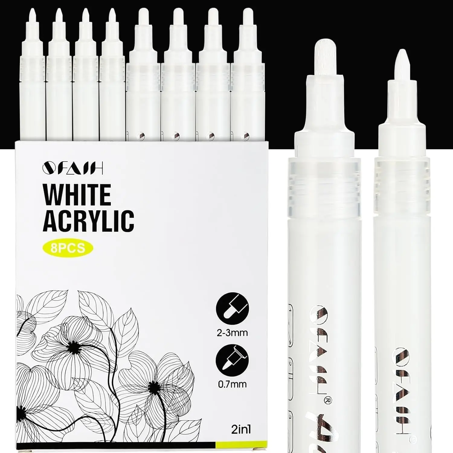 

White Acrylic Paint Pens - 8 Pack, 0.7mm & 2-3mm Tips for Rock, Wood, Metal, Fabric, Canvas, Glass, Ceramic, DIY Crafts