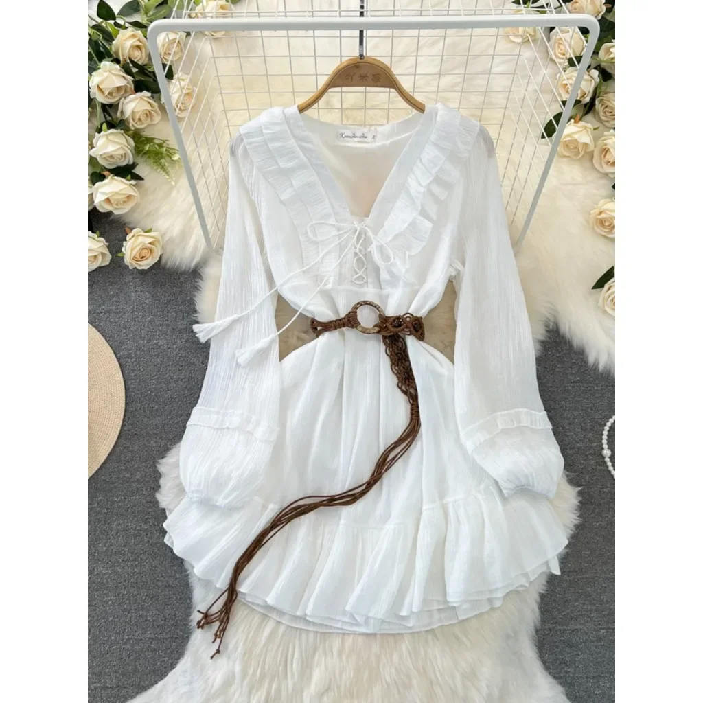 White Ruffled Long Sleeved V-neck Dress for Women Boho Dress  Vestidos Femininos Frete Grátis