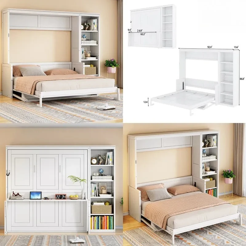 Modern Queen Adjustable Folding Murphy Bed with Desk and Bookshelf Soft Design
