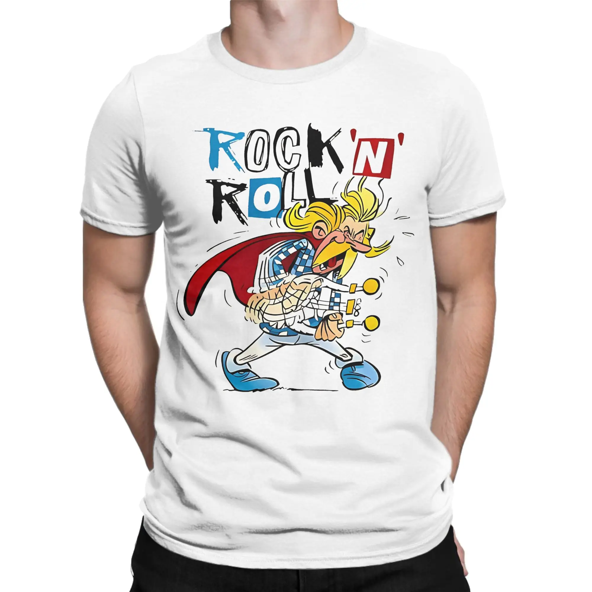 أستريكس روك أند رول الرجال تي شيرت Obelixes الكرتون مضحك تي شيرت قصير الأكمام س الرقبة تي شيرت القطن الخالص الصيف ميرش