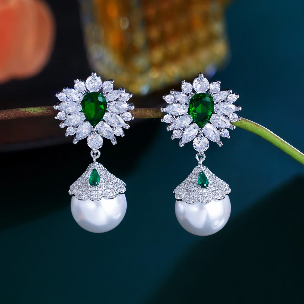 ThreeGraces Luxury Shiny Green Zircon Big Simulated Pearl Long Wedding Bridal Earrings for Women Vintage Party Jewelry E1921