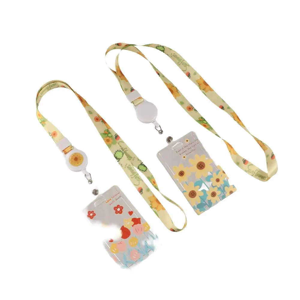 Hanging Neck Transparent Card Holder Keychain Sliding Closure Flower Card Case Double-sided Viewing Card Sleeve