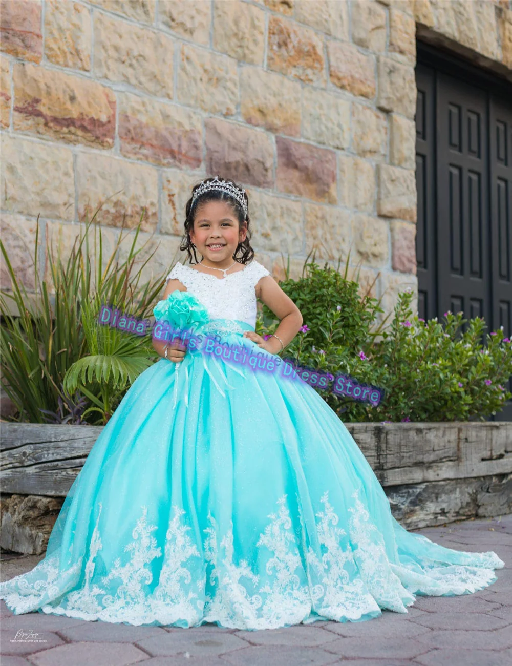 Elegant Flower Girl Dress Blue Tulle Fluffy With While Lace Appliqué Little Baby Girls Birthday Party Evening Gown Customise