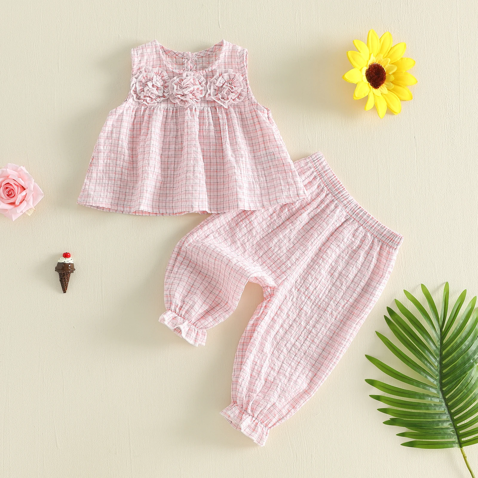 2Pcs Toddler Girls Summer Outfits Sleeveless Crew Neck Plaid Print Fabric Flowers Decor Vest Tops and Bubble Pants Set