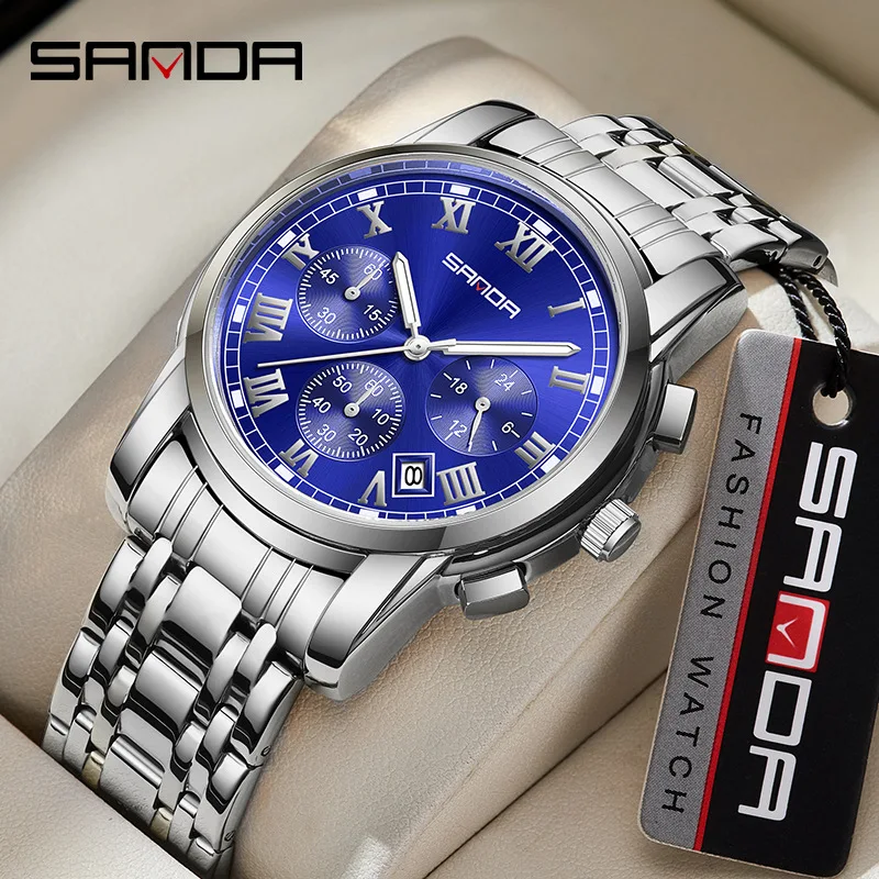 

Мужские часы SANDA, популярная модель, стальной браслет, кварцевый механизм, календарь, три циферблата, шесть стрелок, модный повседневный стиль, стильные часы.