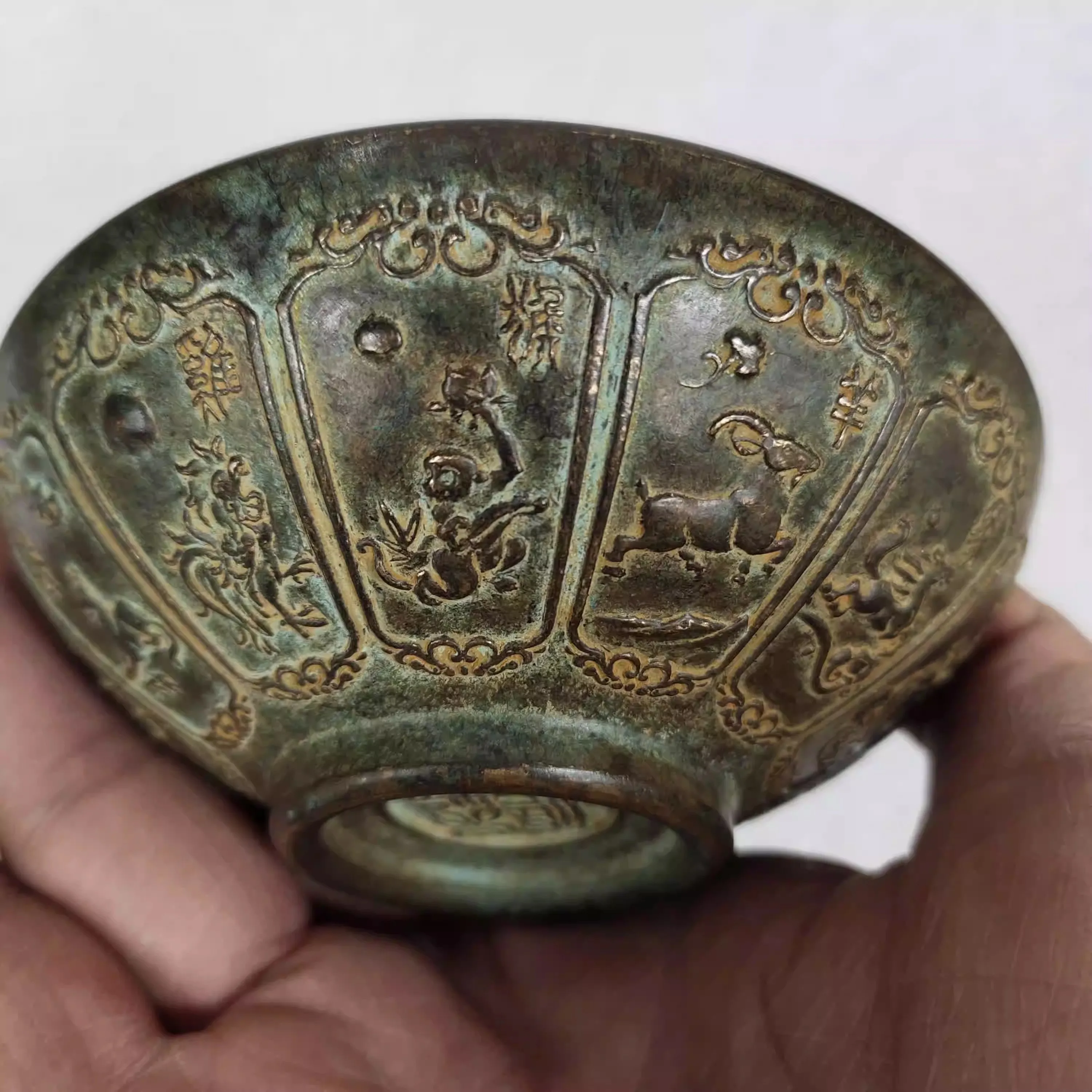 Decoration China Antique Old Qing/Ming Dynasty Bowl Copper Bronze Journey Chinese Zodiac Bowl Cups Tea Wine Cup