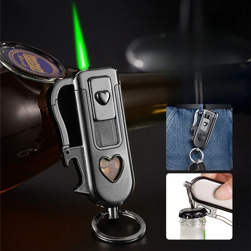 

Outdoor Metal Keychain Inflatable Lighter Windproof Jet Flame Turbine Torch Portable Multifunctional Bottle Opener Lighter Gift