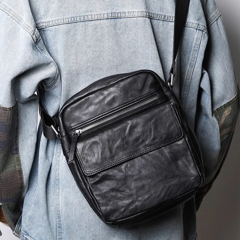 

SENOFAN New Men's Genuine Leather Vertical Single Shoulder Crossbody Bags Cowhide Casual Commute Backpack Phone Bag Male