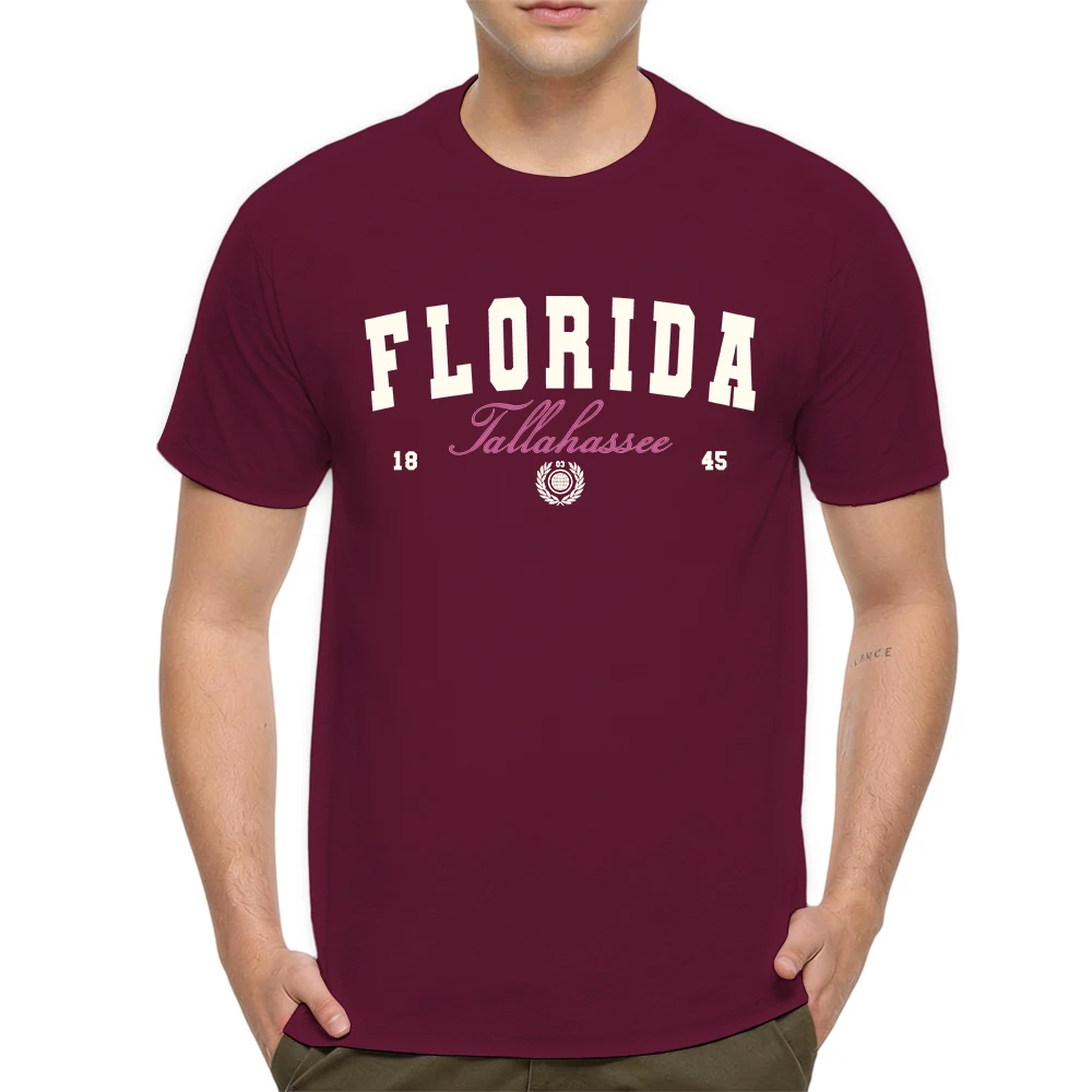 Mens 100% Cotton T Shirt Florida Tallahassee 1845 Vintage College Varsity Letter Print Breathable Short Sleeve Summer Tees