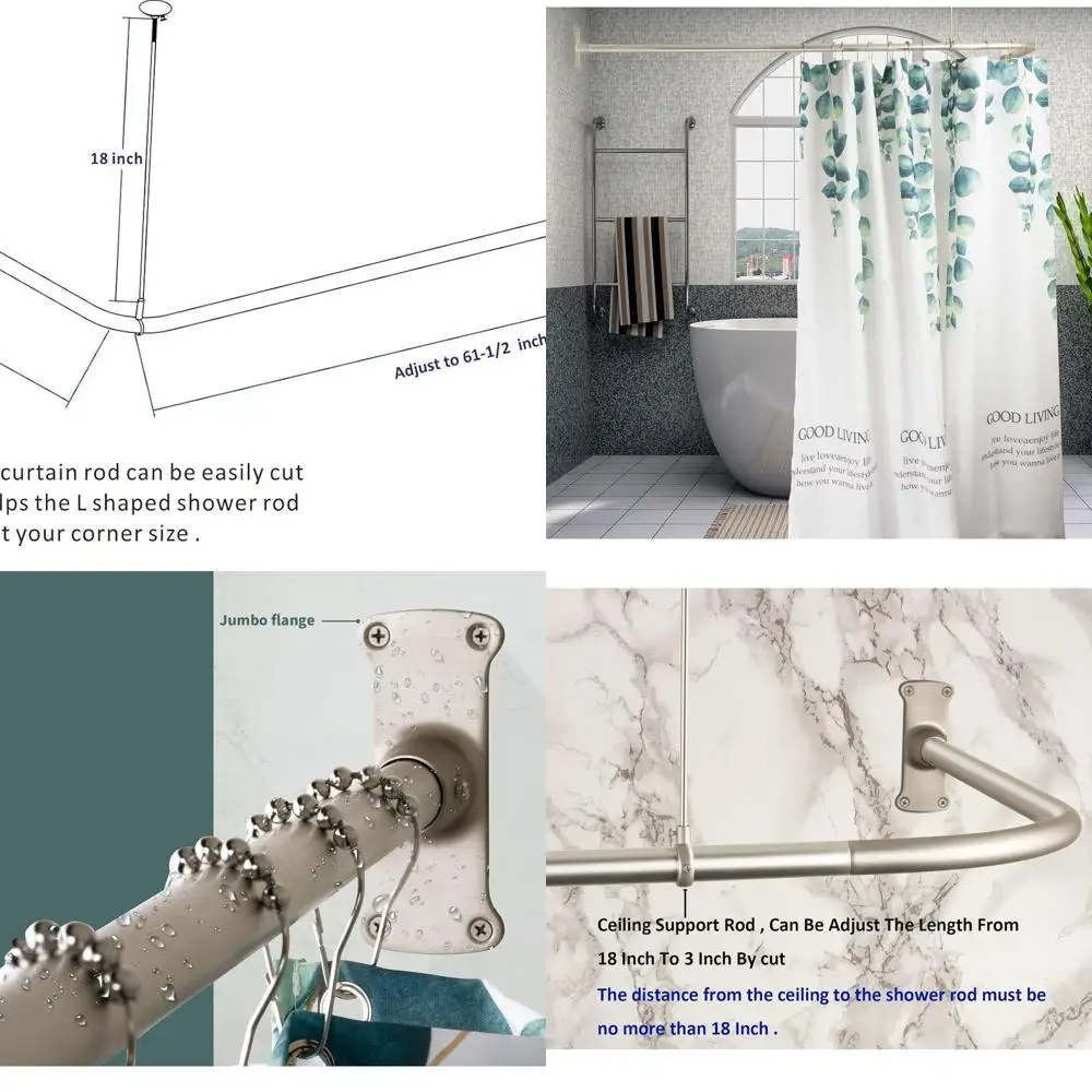 

Corner Shower Curtain Rod with Ceiling Support for L-Shaped Showers - Brushed Nickel Finish