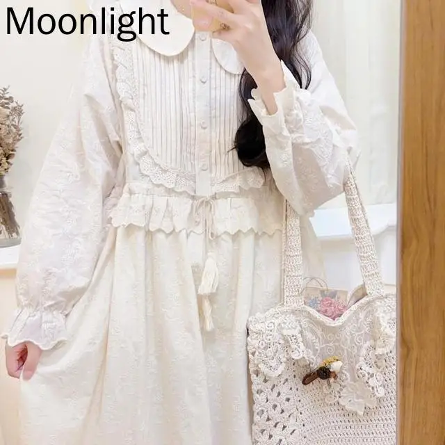 Japanese Mori Girl Long Sleeve White Dresses For Women Korean Style Sweet Peter Pan Collar Button Lace-Up Looseprom Dress