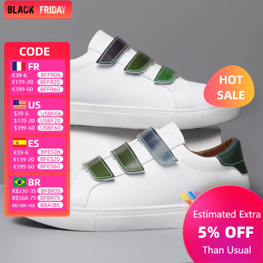 White Shoes Men Pu Leather Casual Shoes for Men Hook & Loop Loafers Fashion Skateboard Shoe Flat Male Sneakers Tenis Para Hombre