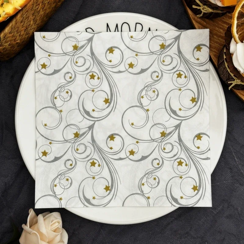 20pcs 33cm Elegant Swirl and Gold Star Patterned Paper Napkins - Disposable for Wedding, Party, Dining Table Decor