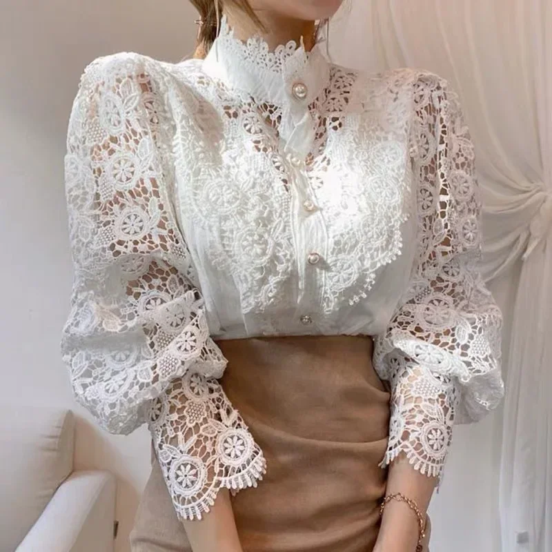 

Women Sexy White Lace Patchwork Hollow Out Shirt Blouse Long Sleeve O-Neck Mesh Tops 2023 Spring prink elegant Button Shirts