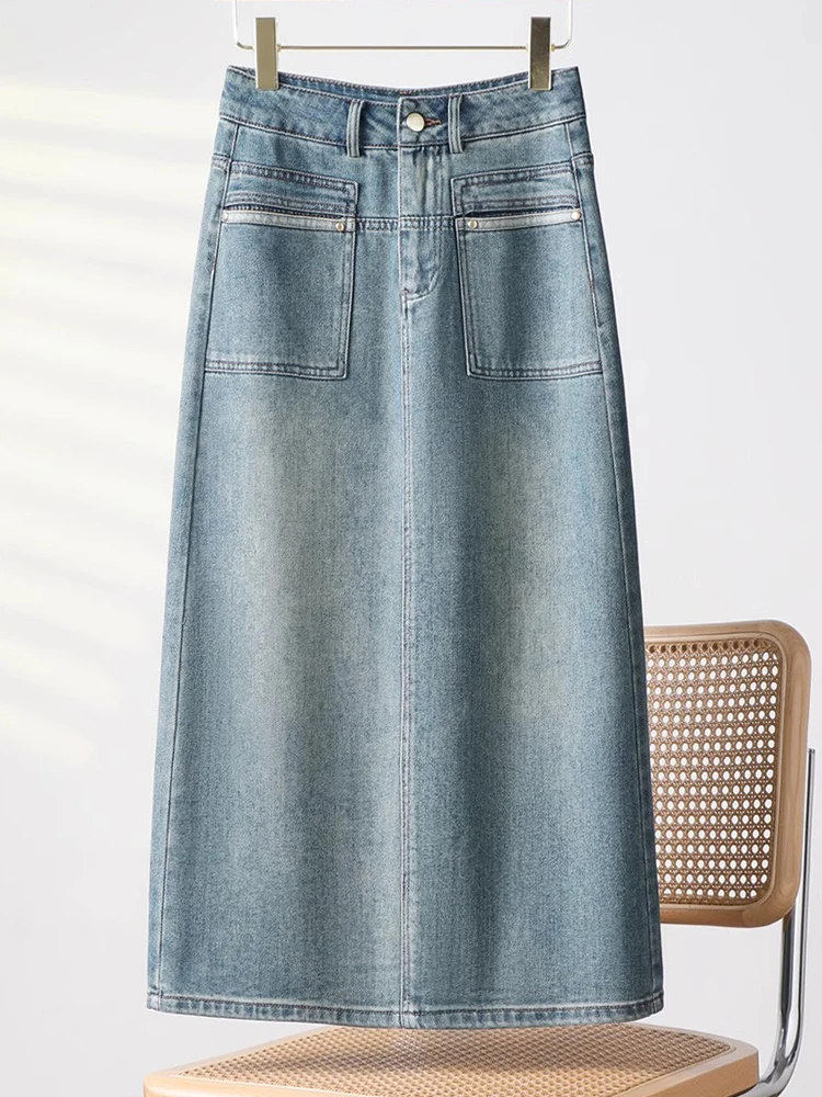 

Светло-голубая джинсовая юбка миди с высокой талией, А-силуэт, женская, весна-лето, новый стиль, прямой крой, для офиса, в корейском стиле