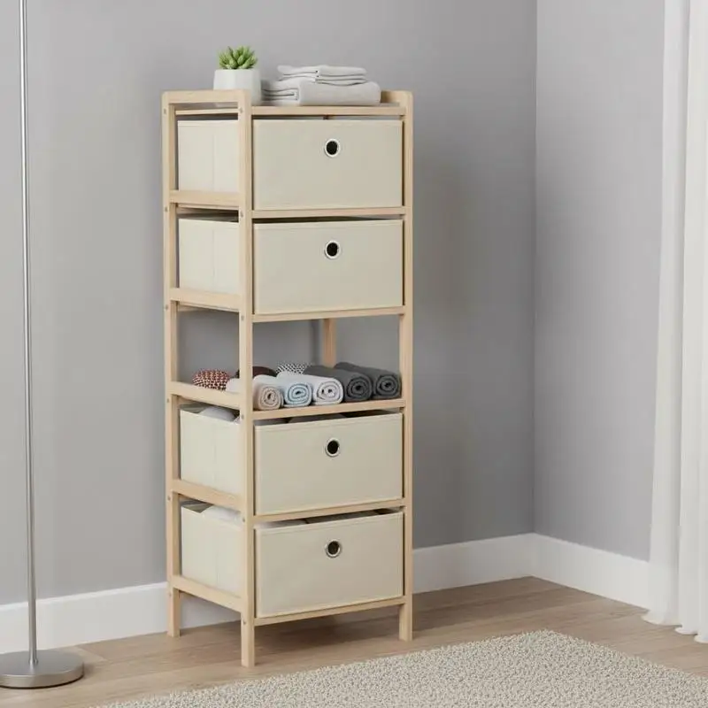 Mobiletto verticale beige 32x26x93 cm con 5 cestini, scaffale in legno di cedro per soggiorno e camera da letto