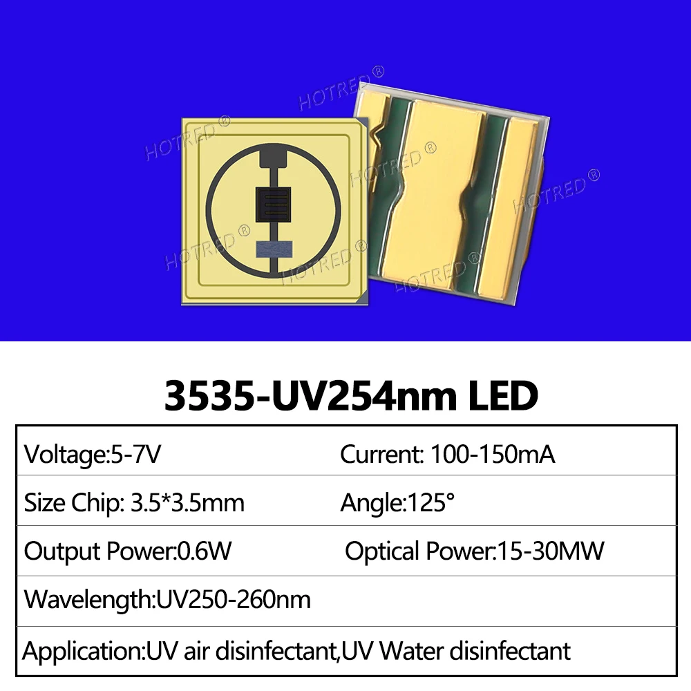 UVC LED Diyot 3535 254nm SMD Yayan Çip 0.6W UV 250nm-260nm DC5-7V Yüzey Dezenfektan Sterilizasyonu için Ultra Violet Lamba