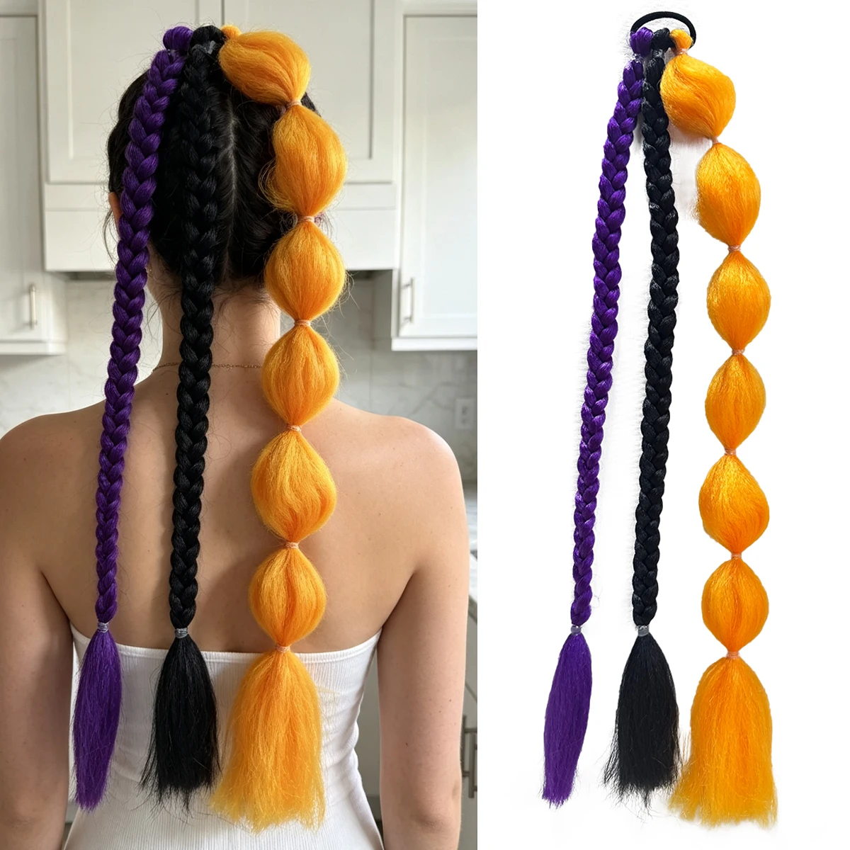 Synthetic 3-strand bubble braid ponytail wig extended lantern braid hair hand-woven wig ponytail for women's holiday daily