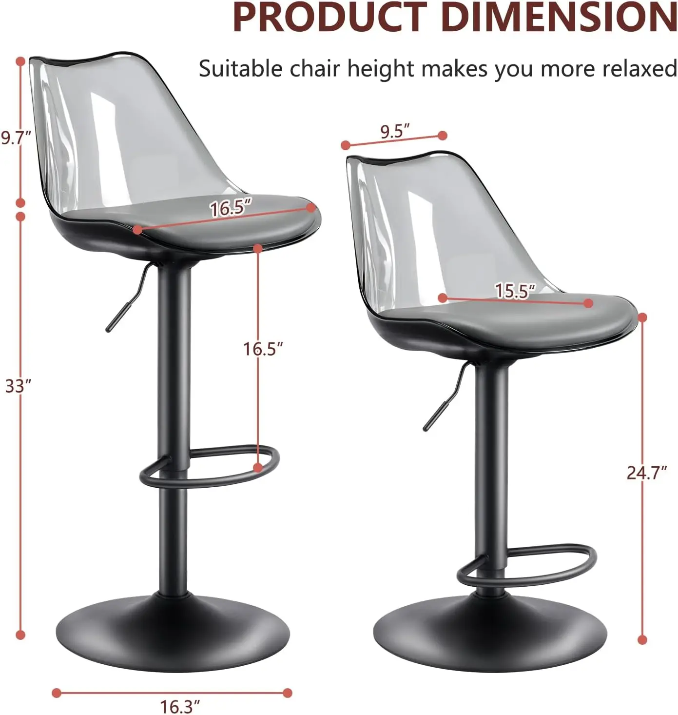 Clear Bar Stools Set of 4, Counter Height Adjustable Swivel Acrylic Bar Stools with PU Leather Upholstered, Armless Bar Stools