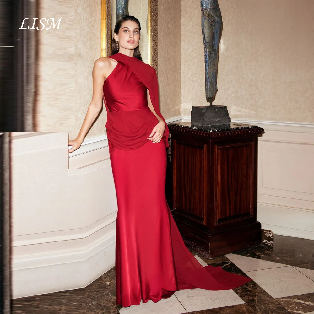 LISM 홀터 레드 백리스 우아한 이브닝 드레스 실크 새틴 맞춤 제작 A라인 프롬 가운 플러스 사이즈 샤울 포함