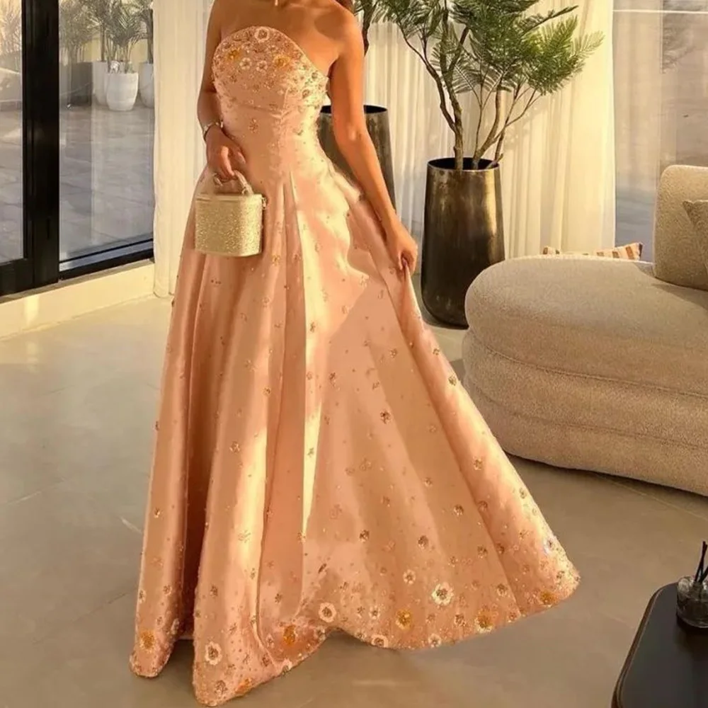 

Customized Temperament Satin A-Line Crystal Evening Dress High Quality Floor Length Strapless Sleeveless vestidos de fiesta