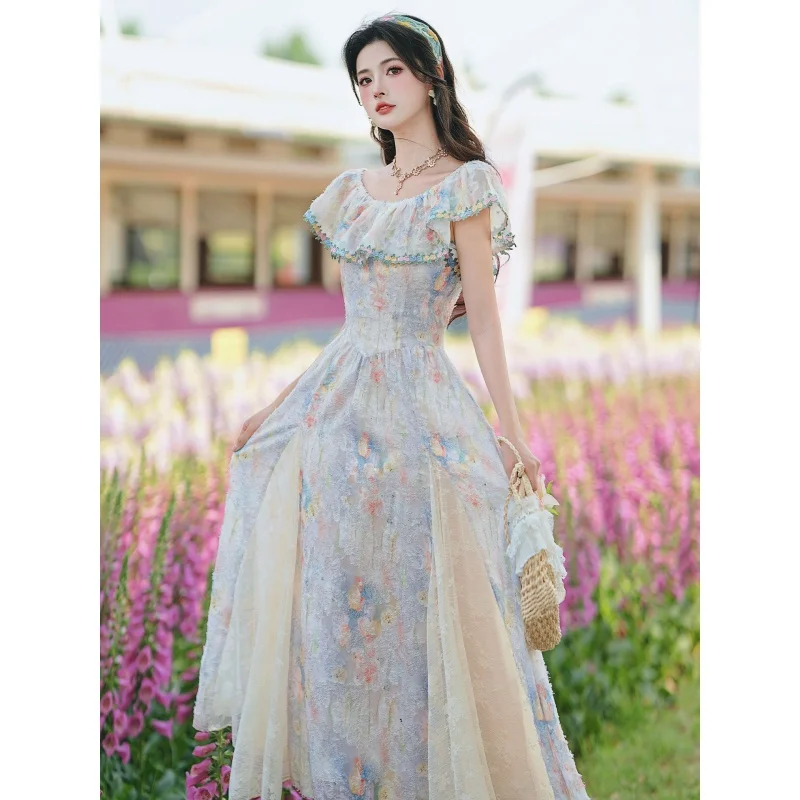 Women Summer Fairy Floral Midi Dress, Slash Neck Contrast Color Patchwork Elegant Romantic Chic Feminine Dress