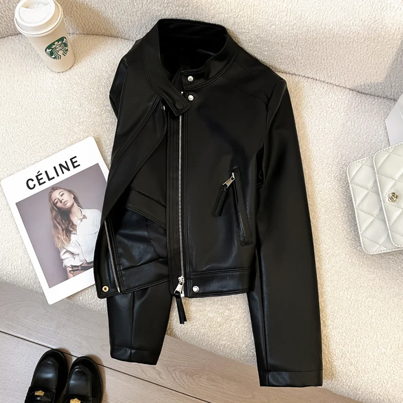 Chaqueta de cuero informal negra para mujer, chaqueta de cuero de manga larga Beige a la moda de alta calidad, chaqueta de motocicleta