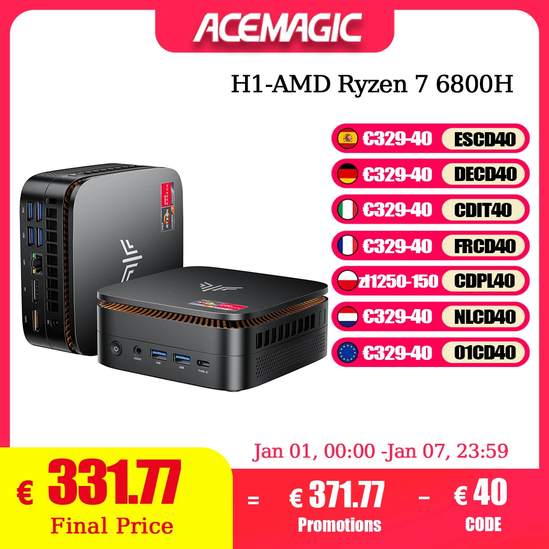 ACEMAGIC Mini PC AMD Rzyen 7 6800H(8C/16T, jusqu'à 4.7Ghz)Mini ordinateur 4K Trible Display Mini ordinateurs de bureau BT5.2/WiFi 6