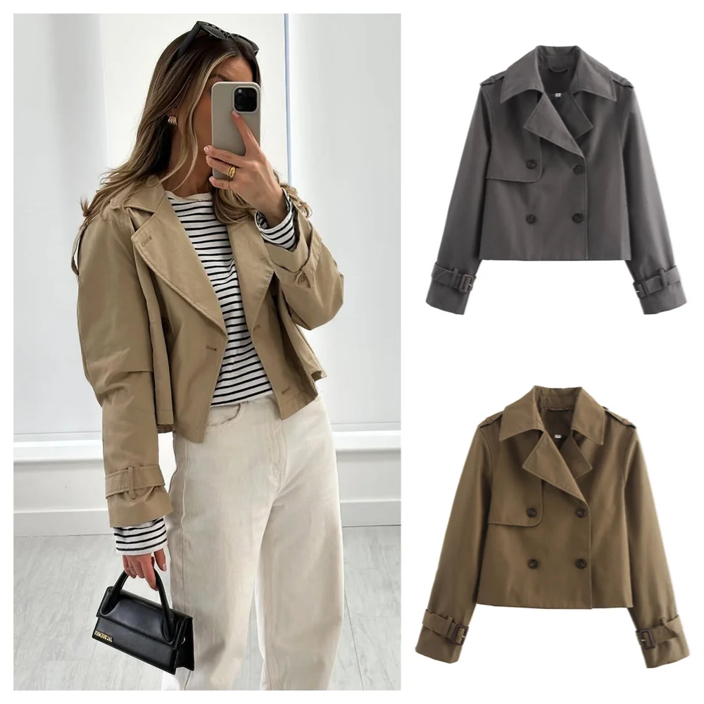 

2024 autumn new women's clothing style slim fit casual simple loose short style lapel double breasted trench coat jacket