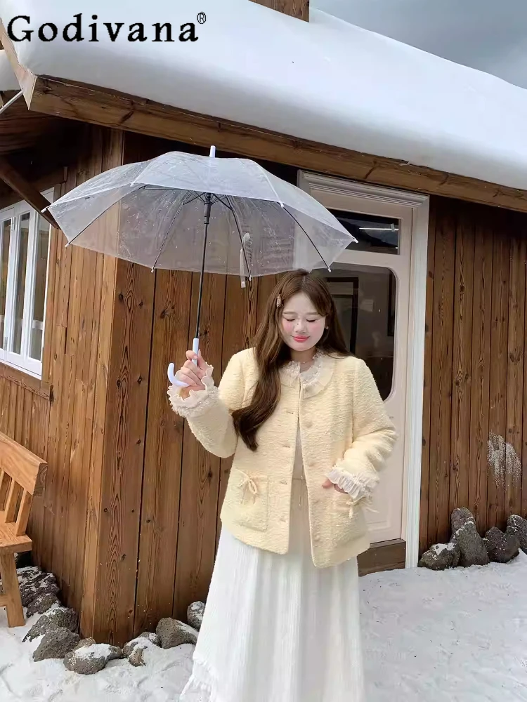 New Early Autumn Large Size Sweet Women Fashion Ruffles Long Sleeve Yellow Coats Versatile Loose Bow Yellow Age Reduction Coat